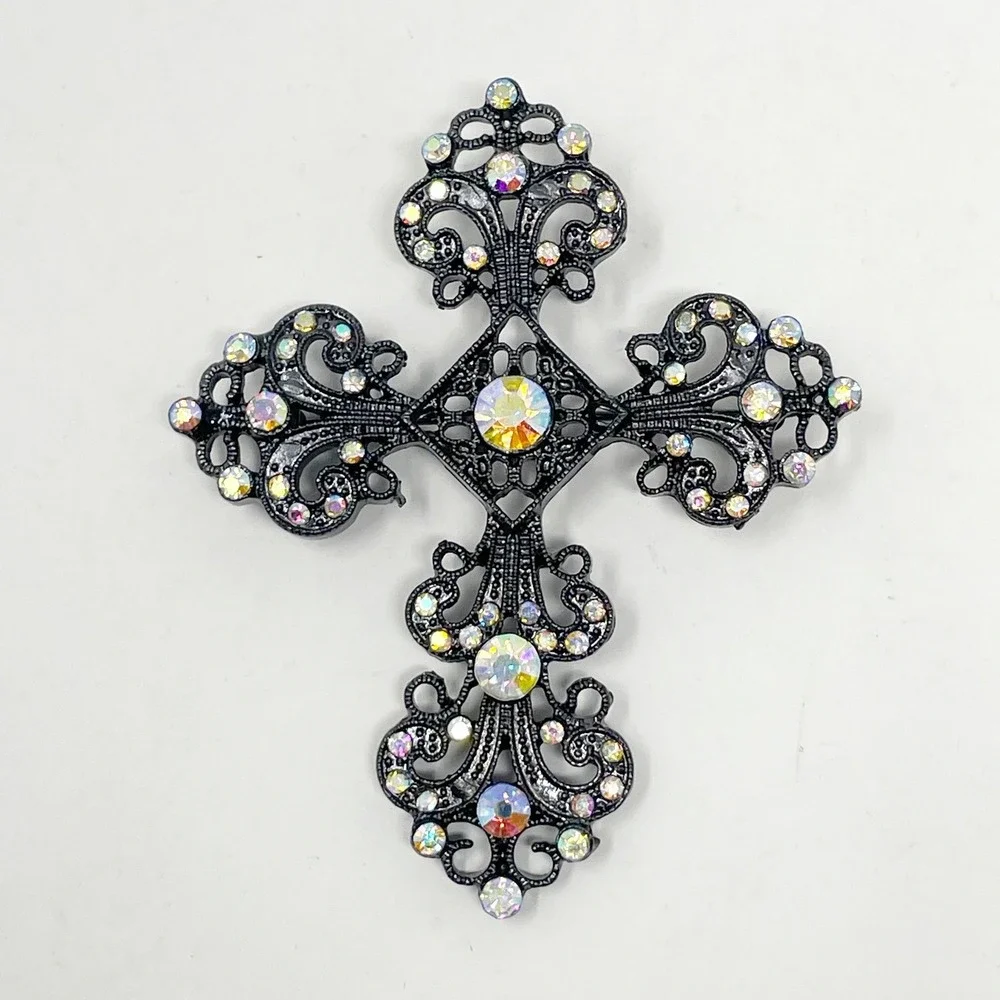 Gunmetal Cross Brooch AB Rhinestone Filigree Gothic Dark Fairy Vampire Core 2.5